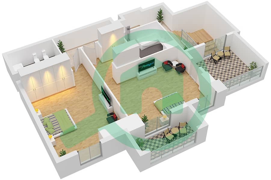 المخططات الطابقية لتصميم النموذج / الوحدة BG02 / UNIT 3-4 FLOOR 1-2 شقة 2 غرفة نوم - برج B (إيست هايتس 4) Type BG02 Unit 3-4 Floor 1-2 Upper interactive3D