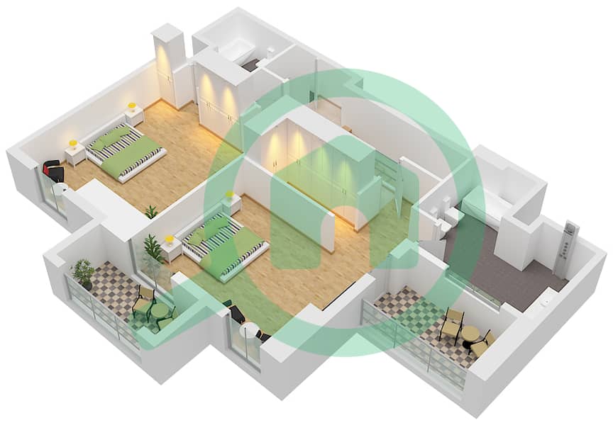 المخططات الطابقية لتصميم النموذج / الوحدة BG03A / UNIT 6 FLOOR 1-2 شقة 2 غرفة نوم - برج B (إيست هايتس 4) Type BG03a Unit 6 Floor 1-2 Upper interactive3D