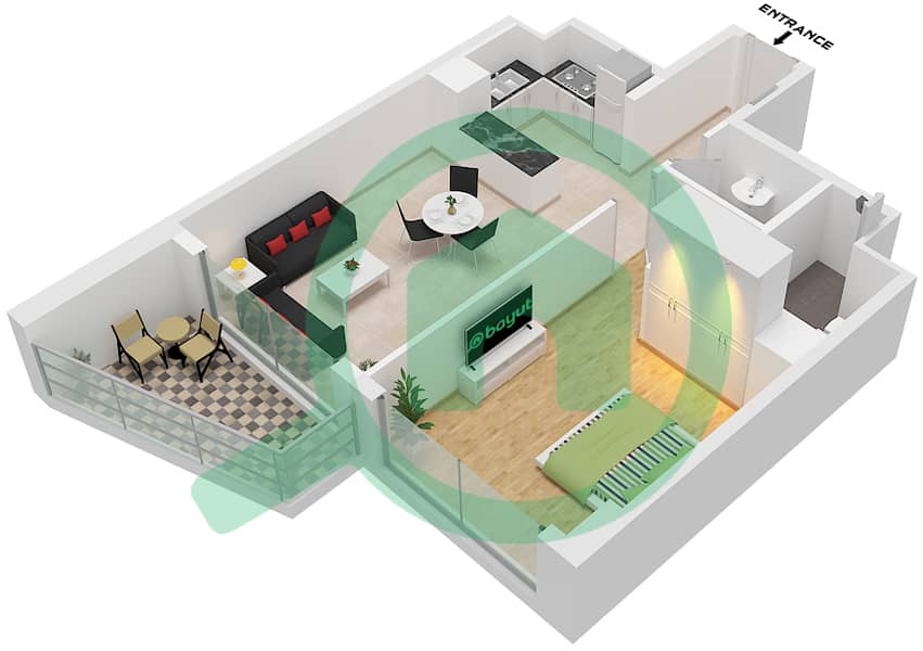 المخططات الطابقية لتصميم الوحدة 1 FLOOR 1-11 شقة 1 غرفة نوم - AG سنترال Unit 1 Floor 1-11 interactive3D