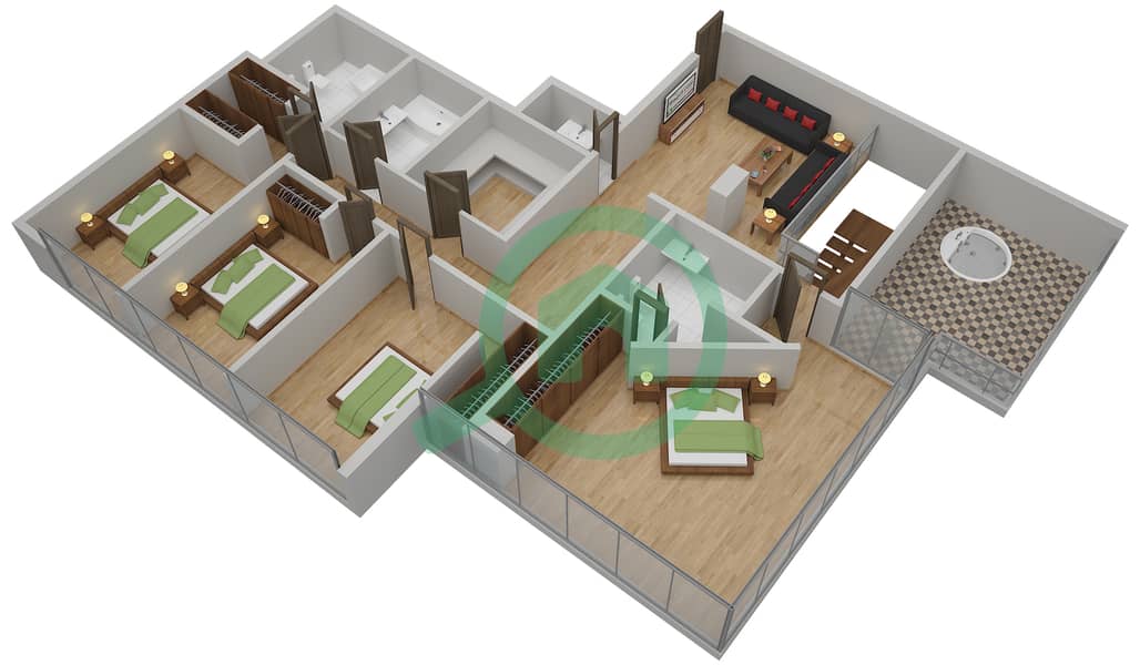 المخططات الطابقية لتصميم الوحدة LE ROYAL MERIDIEN 3 بنتهاوس 5 غرف نوم - برج بوتانيكا image3D
