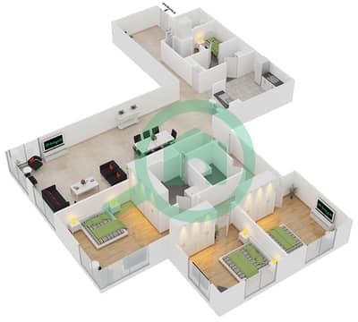Al Fairooz Tower - 3 Bedroom Apartment Suite 104 Floor plan