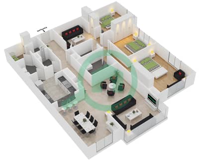 Тауэр Аль Файруз - Апартамент 3 Cпальни планировка Гарнитур, анфилиада комнат, апартаменты, подходящий 106