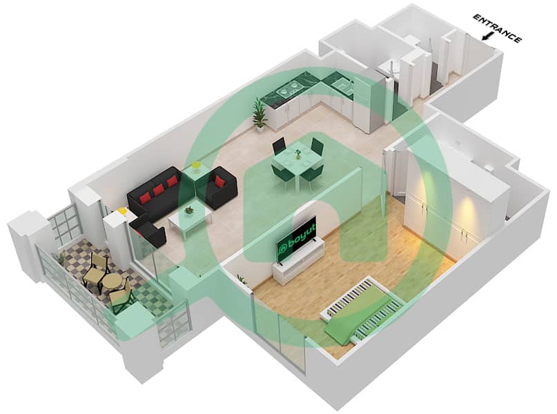 Здание Асаиль 2 - Апартамент 1 Спальня планировка Тип/мера E / UNIT 9 FLOOR 1-5 Type E Unit 9 Floor 1-5 interactive3D