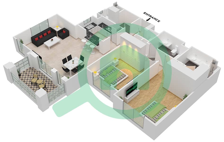 Здание Асаиль 2 - Апартамент 2 Cпальни планировка Тип/мера E / UNIT 6 FLOOR 1-5 Type E Unit 6 Floor 1-5 interactive3D