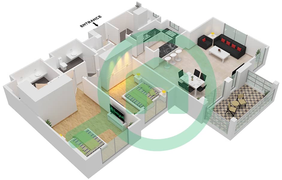 Здание Асаиль 2 - Апартамент 2 Cпальни планировка Тип/мера E / UNIT 11 FLOOR 2-5 Type E Unit 11 Floor 2-5 interactive3D