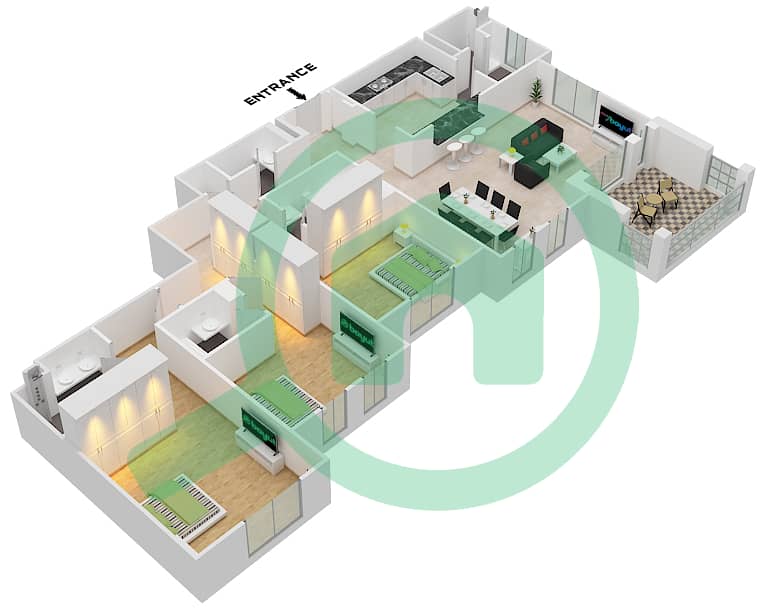 Здание Асаиль 2 - Апартамент 3 Cпальни планировка Тип/мера C / UNIT 4 FLOOR 6 Type C Unit 4 Floor 6 interactive3D