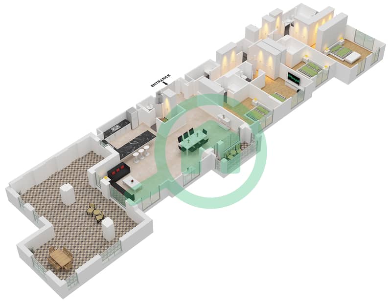 Здание Асаиль 2 - Апартамент 4 Cпальни планировка Тип/мера B / UNIT 3 FLOOR 6 Type B Unit 3 Floor 6 interactive3D