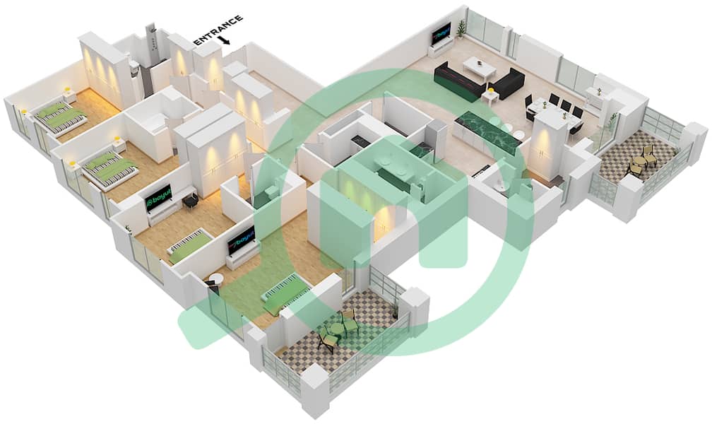 Здание Асаиль 2 - Апартамент 4 Cпальни планировка Тип/мера H / UNIT 4 FLOOR 7 Type H Unit 4 Floor 7 interactive3D