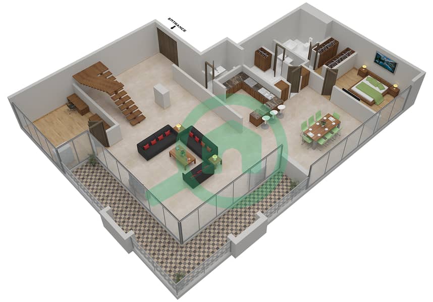 المخططات الطابقية لتصميم الوحدة LE ROYAL MERIDIEN 4 بنتهاوس 5 غرف نوم - برج بوتانيكا Lower Floor image3D