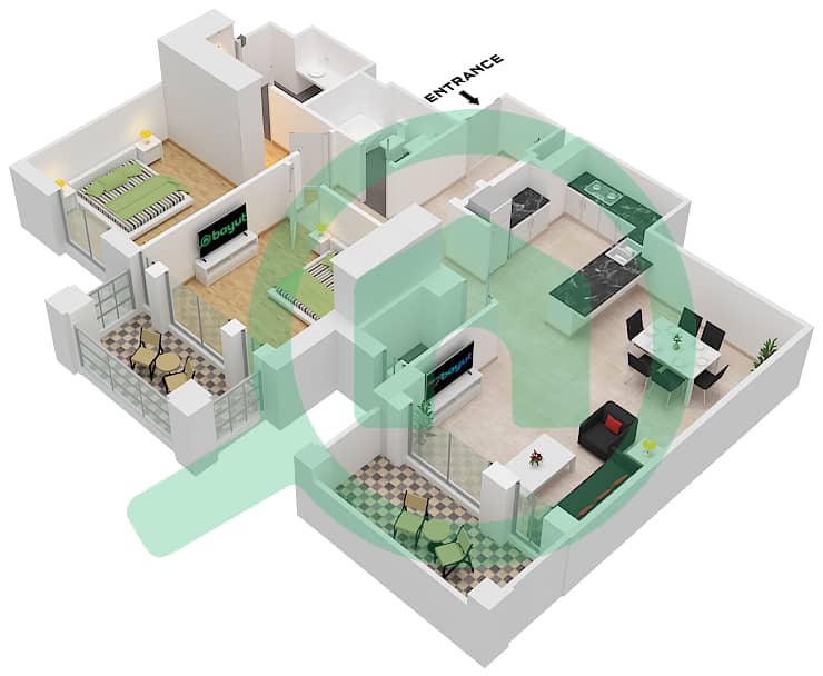 المخططات الطابقية لتصميم النموذج F / FLOOR 9 شقة 2 غرفة نوم - بناية أصايل 1 Floor 9 interactive3D