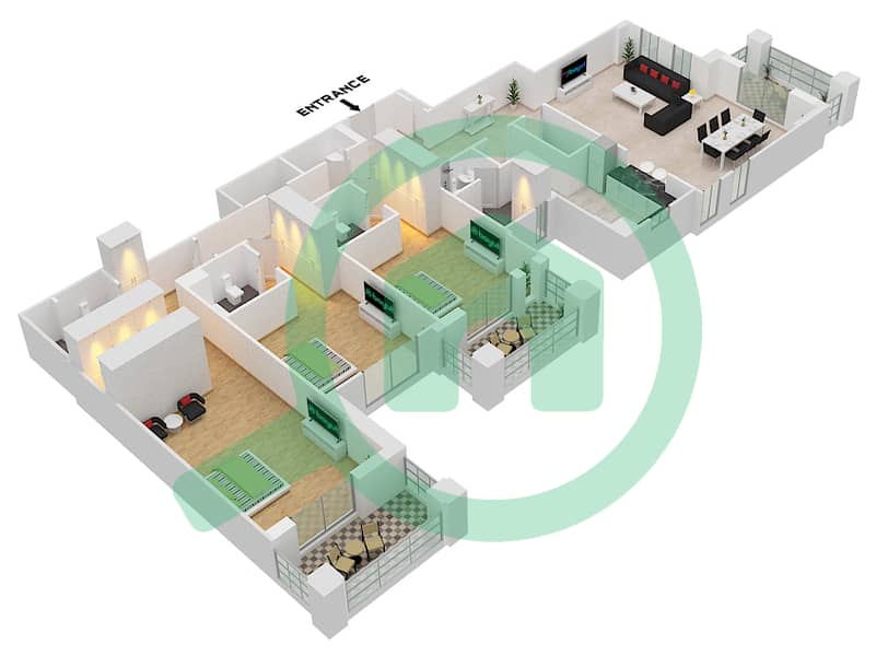 المخططات الطابقية لتصميم النموذج B / FLOOR 3-8 شقة 3 غرف نوم - بناية أصايل 1 Floor 3-8 interactive3D