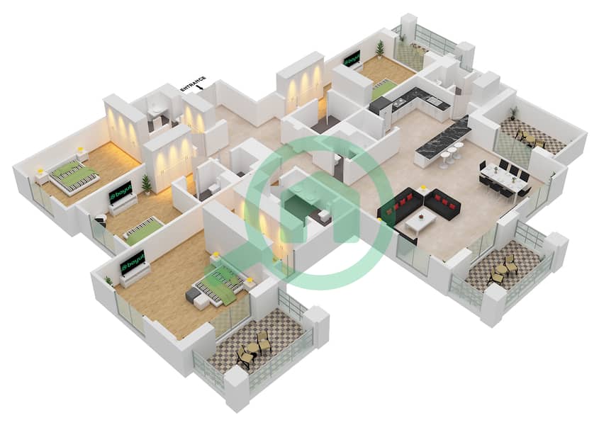 المخططات الطابقية لتصميم النموذج E / FLOOR 3 شقة 4 غرف نوم - بناية أصايل 1 Floor 3 interactive3D