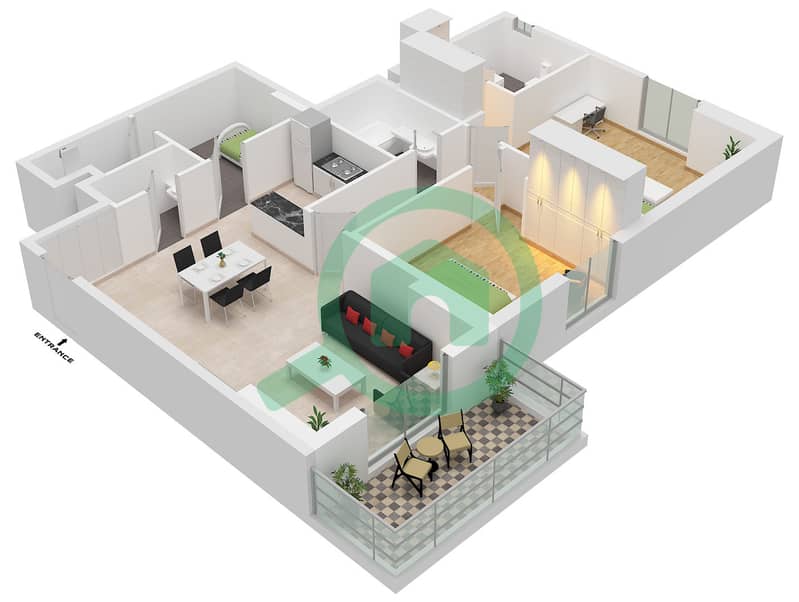 المخططات الطابقية لتصميم النموذج A شقة 2 غرفة نوم - بارك سايد ريزيدنس B Type A interactive3D