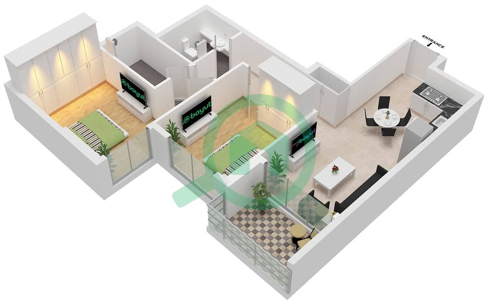 精品23公寓 - 2 卧室公寓单位14 FLOOR 8-17戶型图 Unit 14 Floor 8-17 interactive3D