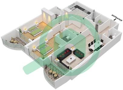 المخططات الطابقية لتصميم النموذج 4 شقة 2 غرفة نوم - برج الكورنيش