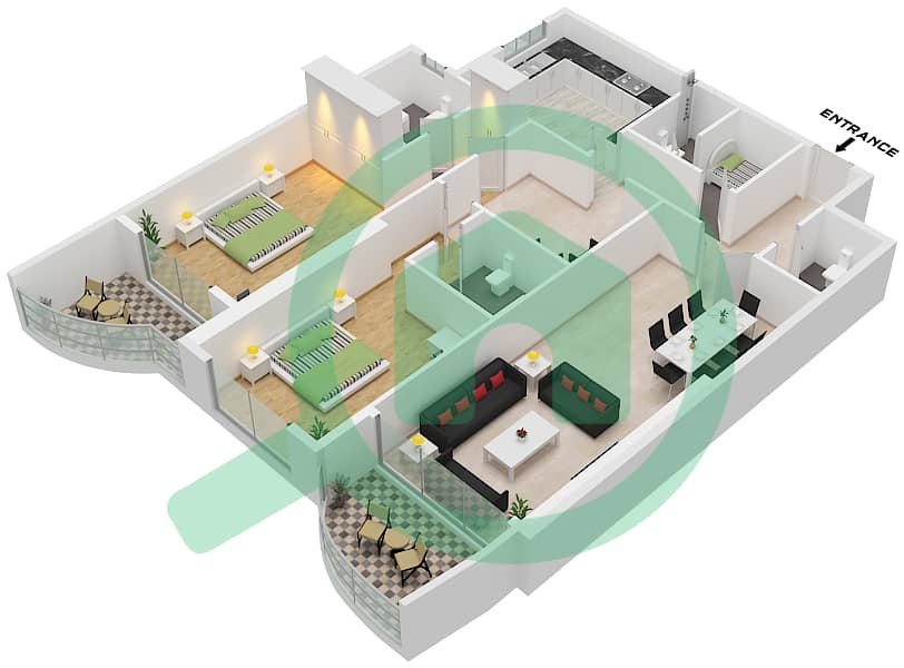 المخططات الطابقية لتصميم النموذج 4 شقة 2 غرفة نوم - برج الكورنيش Type 4 Floor 13-51 interactive3D