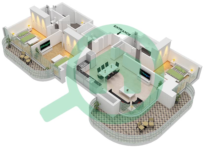 المخططات الطابقية لتصميم الوحدة 3 PODIUM FLOOR 2-28,31-49 شقة 3 غرف نوم - العنوان ريزيدنسز برج زعبيل 1 Unit 3 Podium Floor 2,3 Floor 4-28,31-49 interactive3D