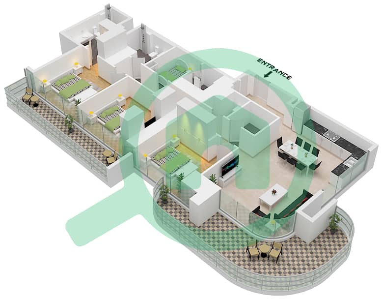 Тауэр 1 - Апартамент 3 Cпальни планировка Единица измерения 4 PODIUM FLOOR 3 Unit 4 Podium Floor 3 interactive3D