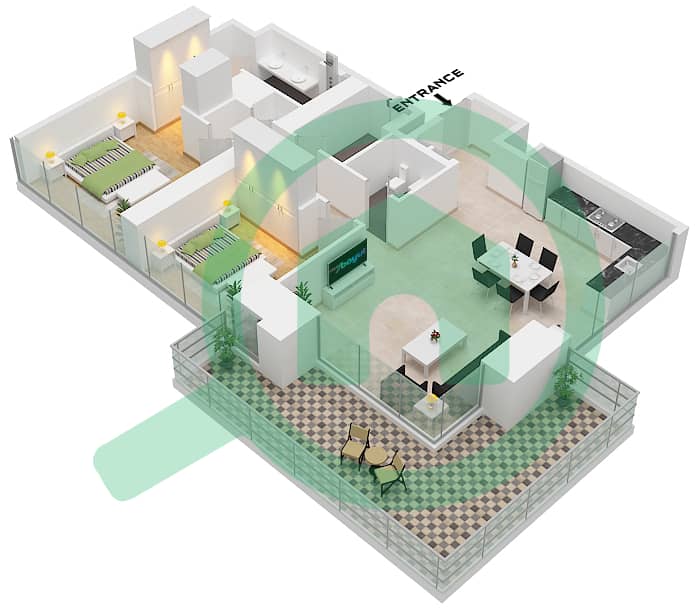 2号大厦 - 2 卧室公寓单位3,6,9 FLOOR 4-29,31-48戶型图 "Unit 3 Floor 29
Unit 6 Floor 48
Unit 9 Floor 4-28,31-47" interactive3D