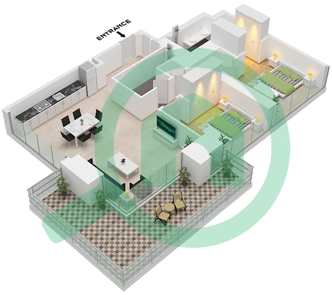 2号大厦 - 2 卧室公寓单位4,7 FLOOR 4-28,31-48戶型图 "Unit 4 Floor 48
Unit 7 Floor 4-28,31-47" interactive3D