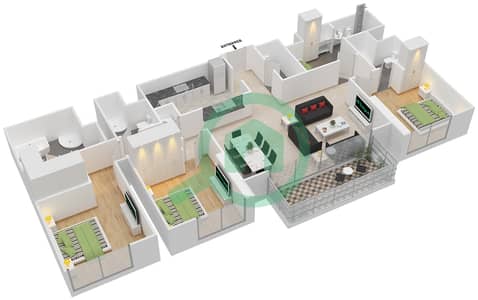 المخططات الطابقية لتصميم الوحدة 4 FLOOR 28-50,52-59 شقة 3 غرف نوم - بوليفارد بوينت