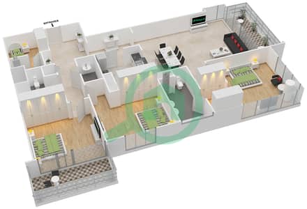 المخططات الطابقية لتصميم الوحدة 6 FLOOR 28-50,52-59 شقة 3 غرف نوم - بوليفارد بوينت