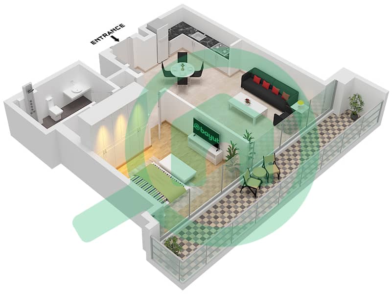 المخططات الطابقية لتصميم الوحدة 2 PODIUM FLOOR 3 شقة 1 غرفة نوم - العنوان ريزيدنسز برج زعبيل 3 Unit 2 Podium Floor 3 interactive3D