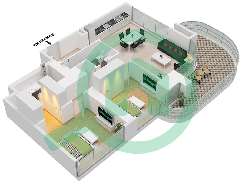 المخططات الطابقية لتصميم الوحدة 3 FLOOR 4-28,31-51 شقة 2 غرفة نوم - العنوان ريزيدنسز برج زعبيل 3 Unit 3 Floor 4-28,31-51 interactive3D