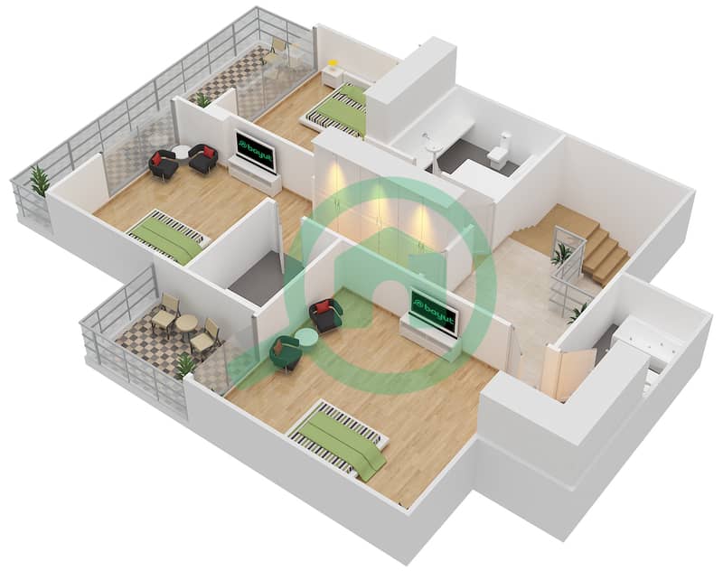 المخططات الطابقية لتصميم الوحدة 1 تاون هاوس 3 غرف نوم - لوريتو A First Floor image3D