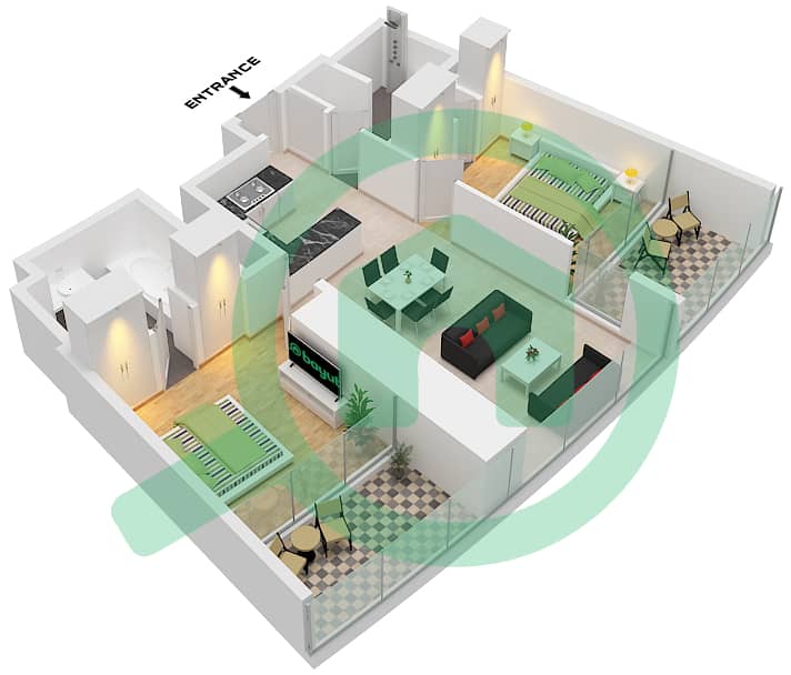 Safa Two by De Grisogono - 2 Bedroom Apartment Type 1 FLOOR 11-25,31-36,38-56 Floor plan Type 1 Floor 11-25,31-36,38-56 interactive3D