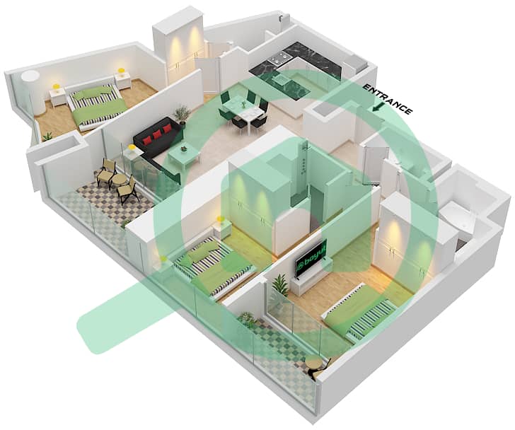 德-格里索诺萨法二号 - 3 卧室公寓类型13 FLOOR 47,68-69戶型图 Type 13 Floor 47,68-69 interactive3D