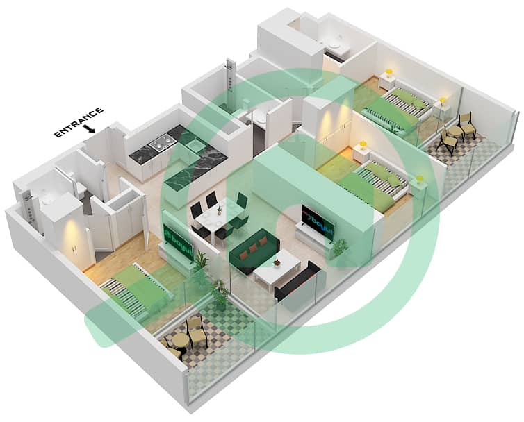 德-格里索诺萨法二号 - 3 卧室公寓类型15 FLOOR 60-64戶型图 Type 15 Floor 60-64 interactive3D