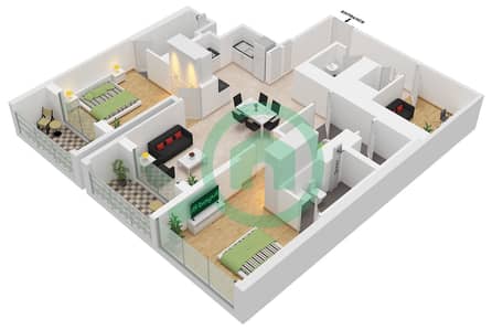المخططات الطابقية لتصميم النموذج E شقة 2 غرفة نوم - شوبا كريك فيستا هايتس برج B