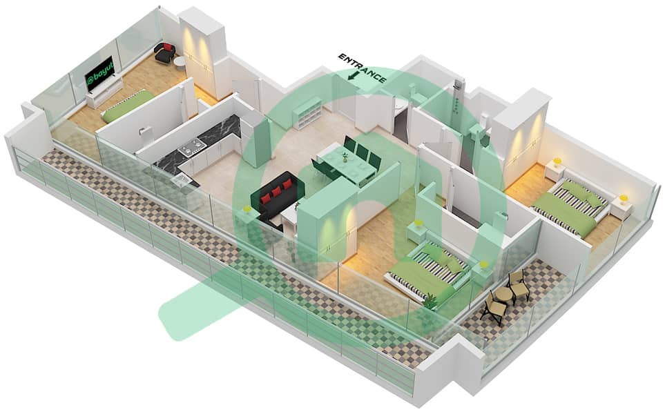 德-格里索诺萨法二号 - 3 卧室公寓类型3 FLOOR 23-25戶型图 Type 3 Floor 23-25 interactive3D
