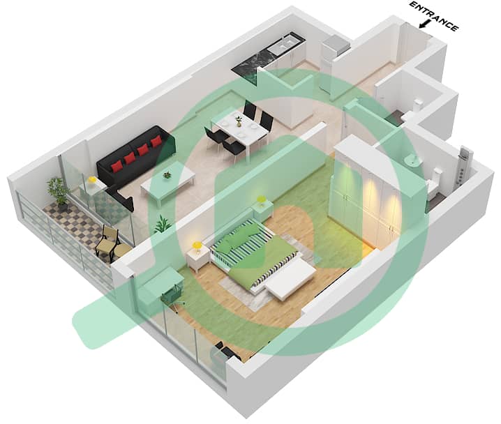 Al Yousuf Tower 1 - 1 Bedroom Apartment Type 6 Floor plan Type 6 interactive3D