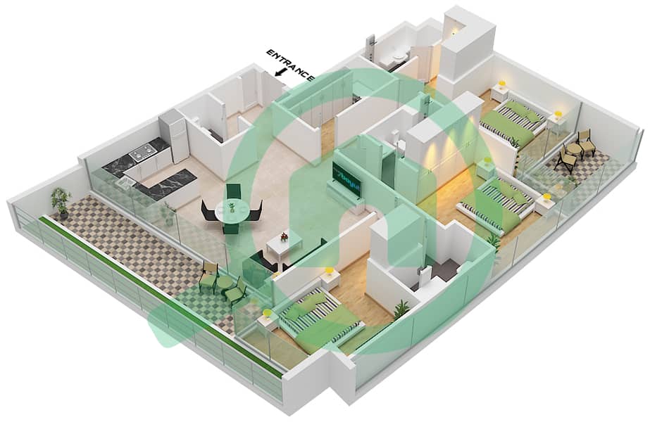 德-格里索诺萨法二号 - 3 卧室公寓类型7 FLOOR 30-48戶型图 Type 7 Floor 30-48 interactive3D