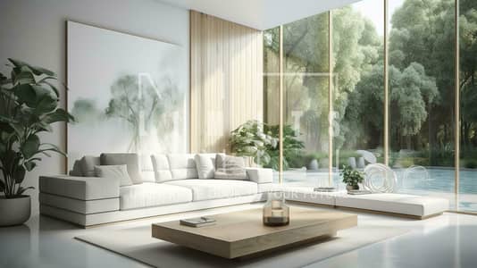 2 Bedroom Townhouse for Sale in Dubai Investment Park (DIP), Dubai - a-futuristic-white-minimal-interior-of-a-living-room-luxurious-interior-extra-large-sofa-design-tropical-plants-view-overlooking-the-natural-landscape-and-modern-swimming-pool-generate-ai-free-photo. jpg