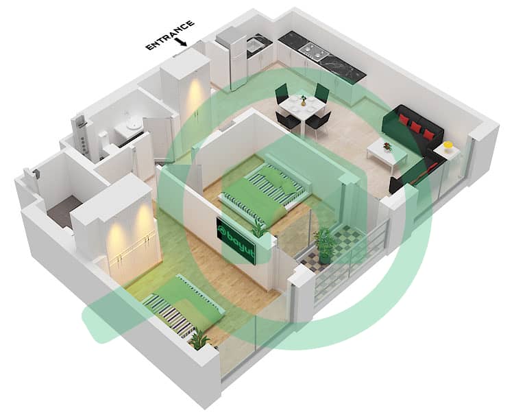 Sobha One Tower B - 2 Bedroom Apartment Type C Floor plan Type C interactive3D
