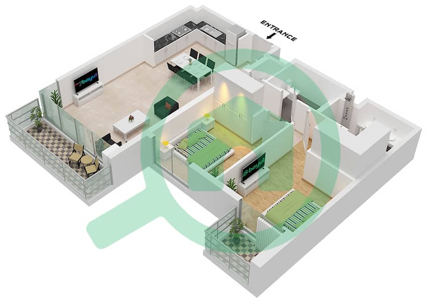 المخططات الطابقية لتصميم النموذج A شقة 2 غرفة نوم - بناية سي جيت 1 Type A interactive3D