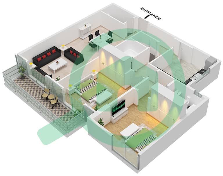 المخططات الطابقية لتصميم الوحدة 1 FLOOR 2 شقة 2 غرفة نوم - بناية مجموعة برلين 1 Unit 1 Floor 2 interactive3D