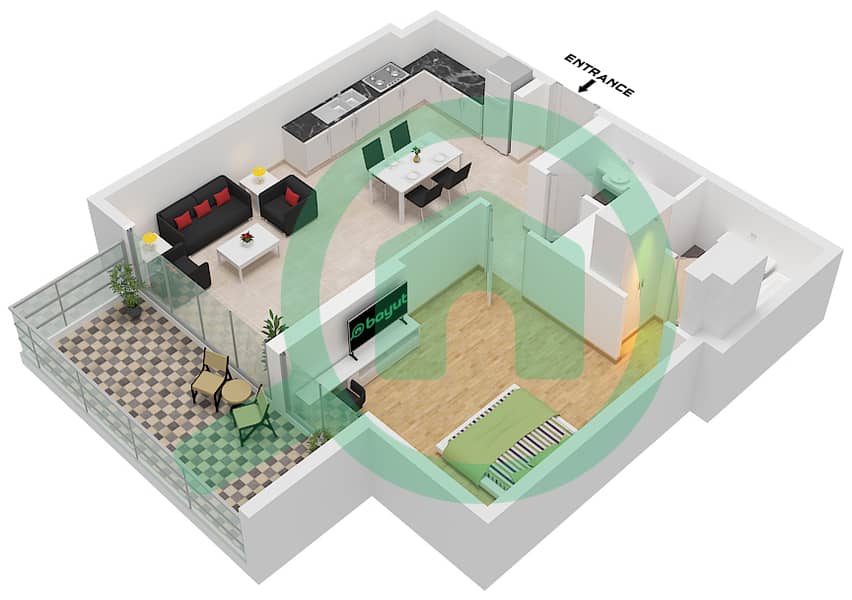 Фаришта Азизи - Апартамент 1 Спальня планировка Тип 5B(1) Type 5B(1) Floor 2-12 interactive3D