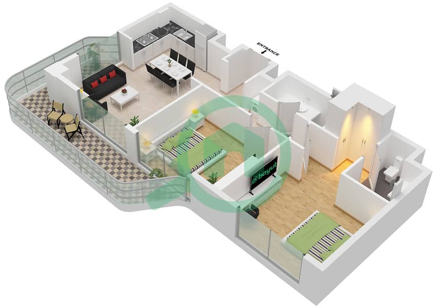 Azizi Venice 8 - 2 卧室公寓类型A戶型图 Type A interactive3D