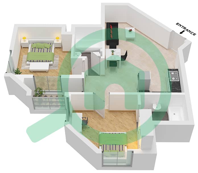 المخططات الطابقية لتصميم النموذج C شقة 2 غرفة نوم - بوابة دبي الجديدة 1 Type C interactive3D