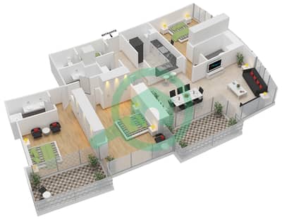 المخططات الطابقية لتصميم الوحدة 8 FLOOR 4,6,8,10,12,14,16 شقة 3 غرف نوم - برج فيستا 1