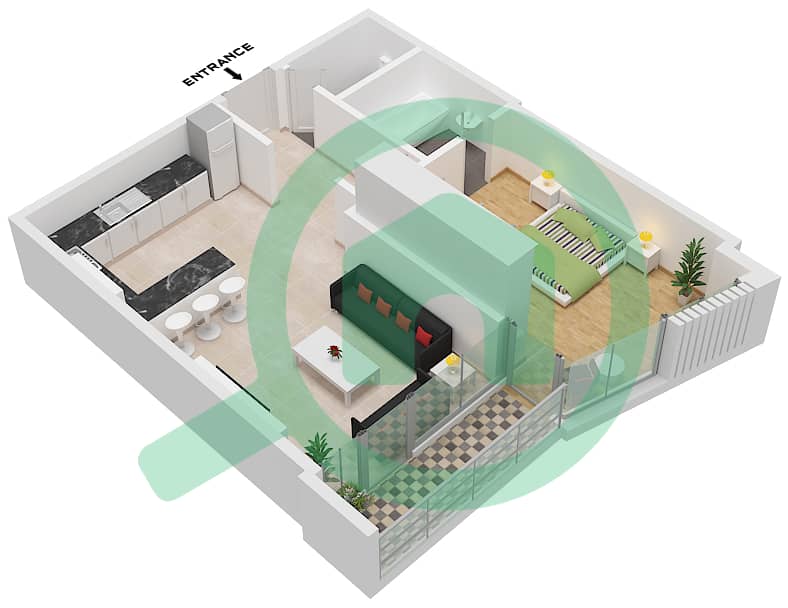 المخططات الطابقية لتصميم الوحدة 219 شقة 1 غرفة نوم - الملتقى افينيو Unit 219 interactive3D