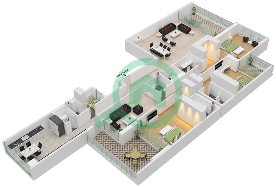 88 Тауэр - Апартамент 3 Cпальни планировка Тип 1 Type 1 Typical Floor interactive3D