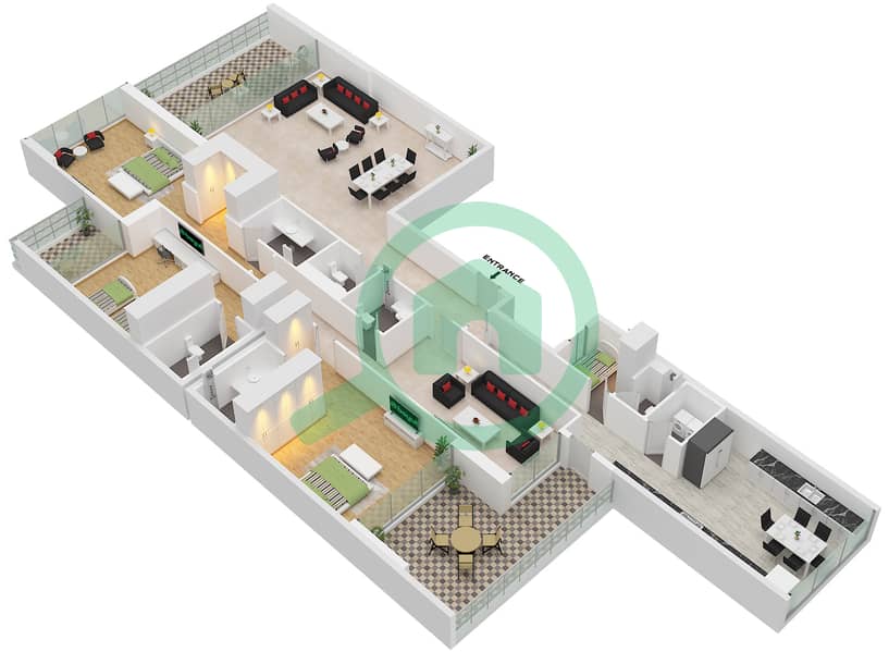 88 Тауэр - Апартамент 3 Cпальни планировка Тип 2 Type 2 Typical Floor interactive3D