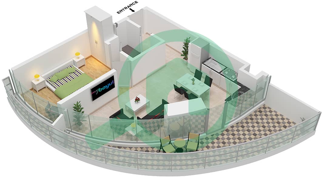 运河山庄 2号 - 1 卧室公寓类型E1 FLOOR 28戶型图 Type E1 Floor 28 interactive3D