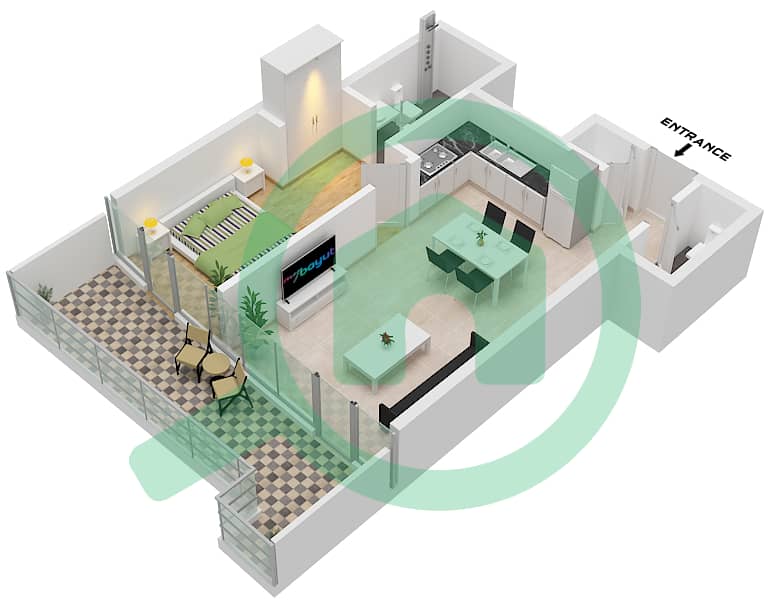 运河山庄 2号 - 1 卧室公寓类型H1-M FLOOR 33戶型图 Type H1-M Floor 33 interactive3D