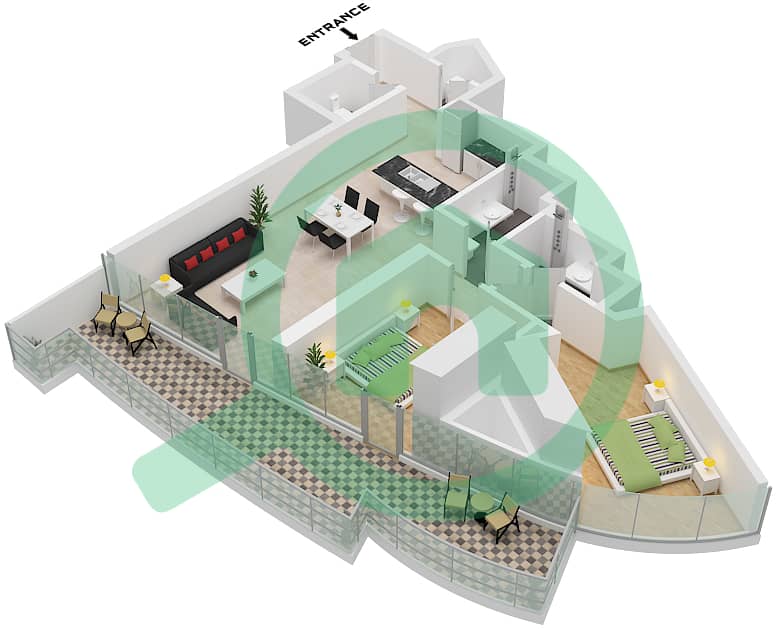 运河山庄 2号 - 2 卧室公寓类型B1 FLOOR 21戶型图 Type B1 Floor 21 interactive3D